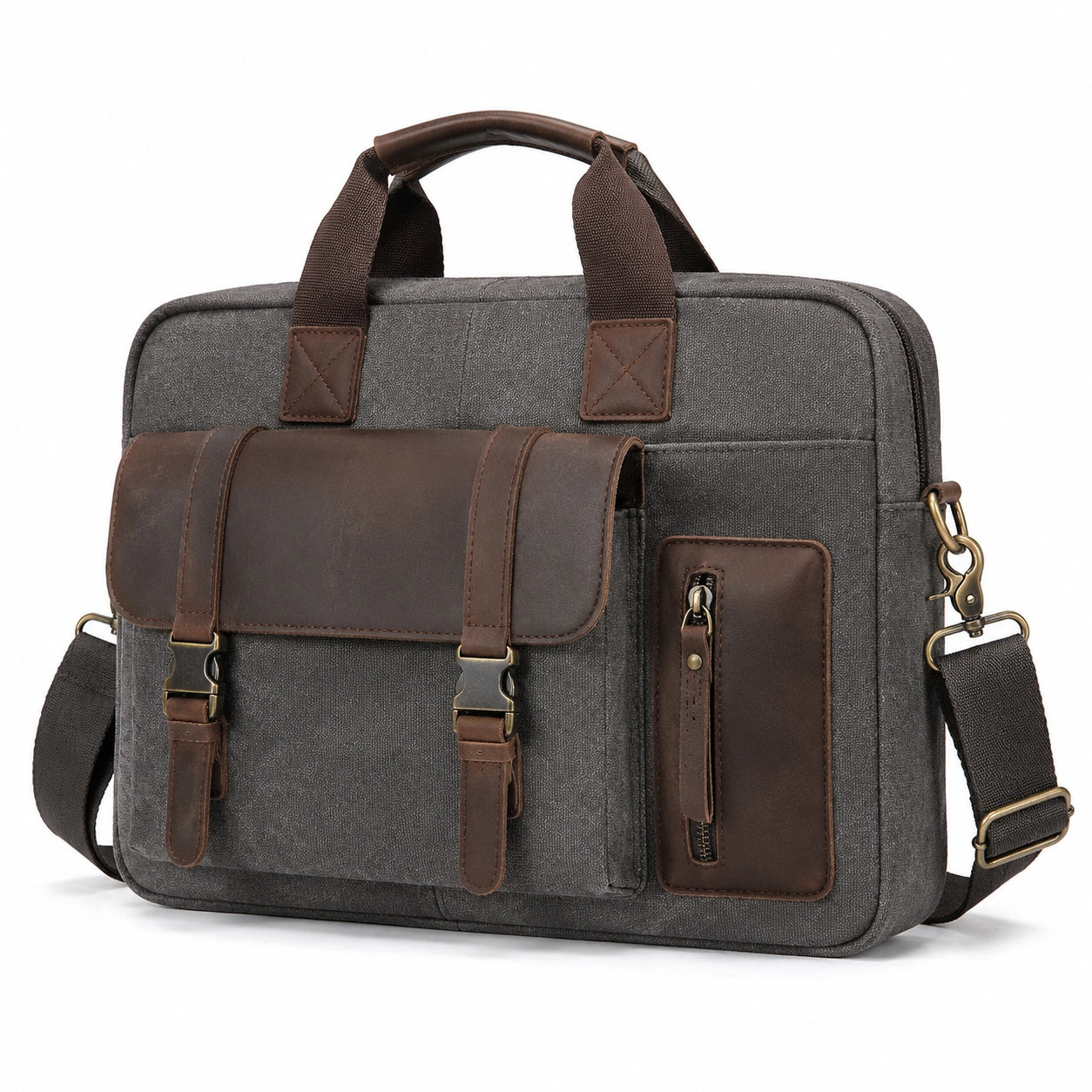 Laptoptasche 40 cm Canvas Kunstleder Grau Braun Schultertasche mit Fächern
