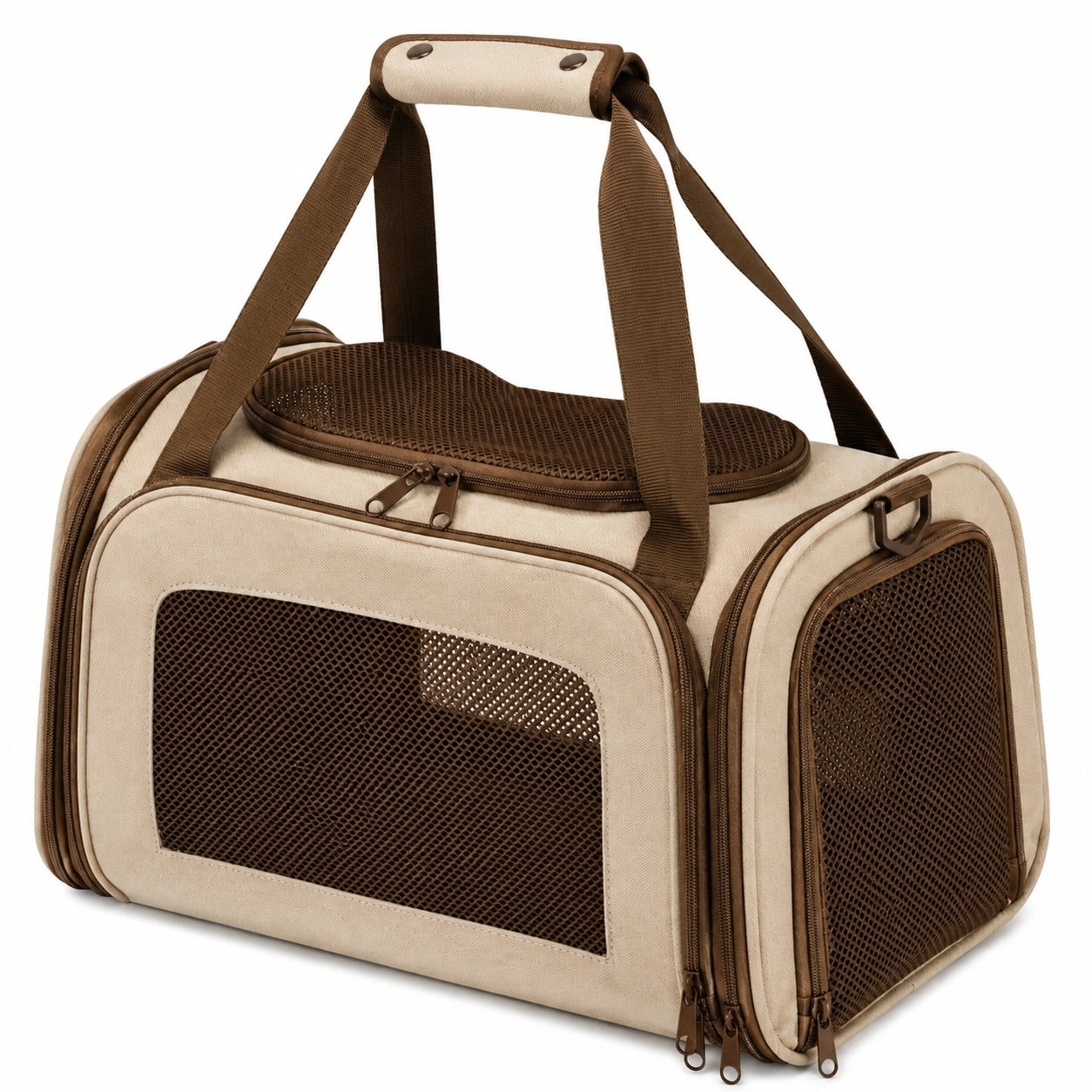 Haustier-Transporttasche 45 x 28 x 28 cm Textil Beige/Braun mit Netzfenstern und Reißverschluss