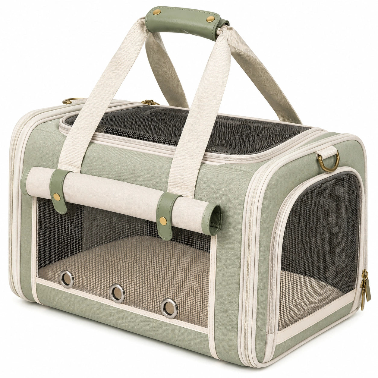 Haustiertragetasche 45 x 28 x 28 cm Textil Salbeigrün für kleine Haustiere mit Netzfenstern