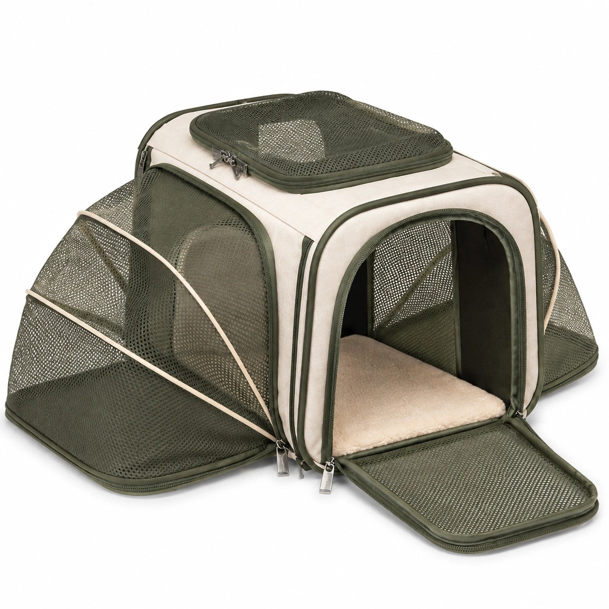 Erweiterbare Haustier-Transporttasche 45 x 30 x 30 cm aus Textil in Beige Grün mit Netzfenstern