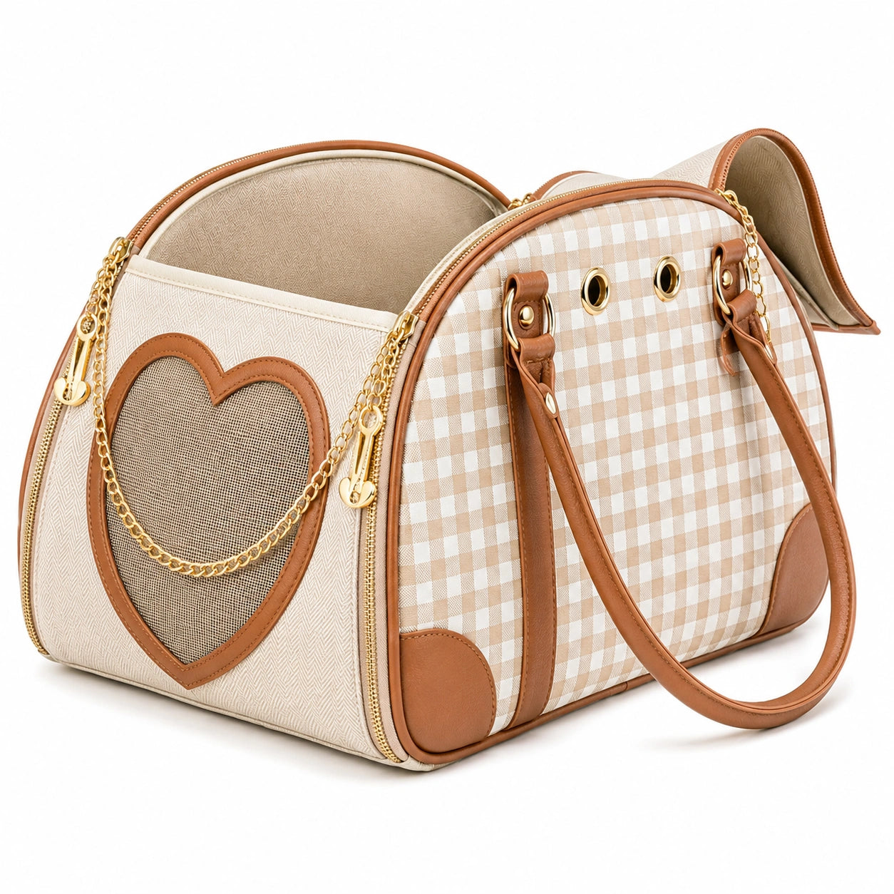 Haustier Transporttasche 42 cm Textil Beige Braun kariert mit Netzfenster