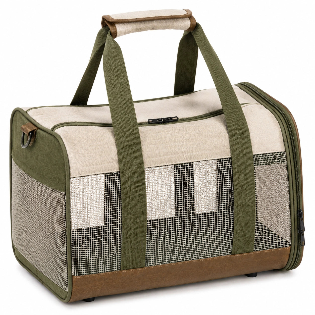 Haustier Transporttasche 45 x 25 x 30 cm aus Textil in Beige Olivbraun mit Netzfenstern