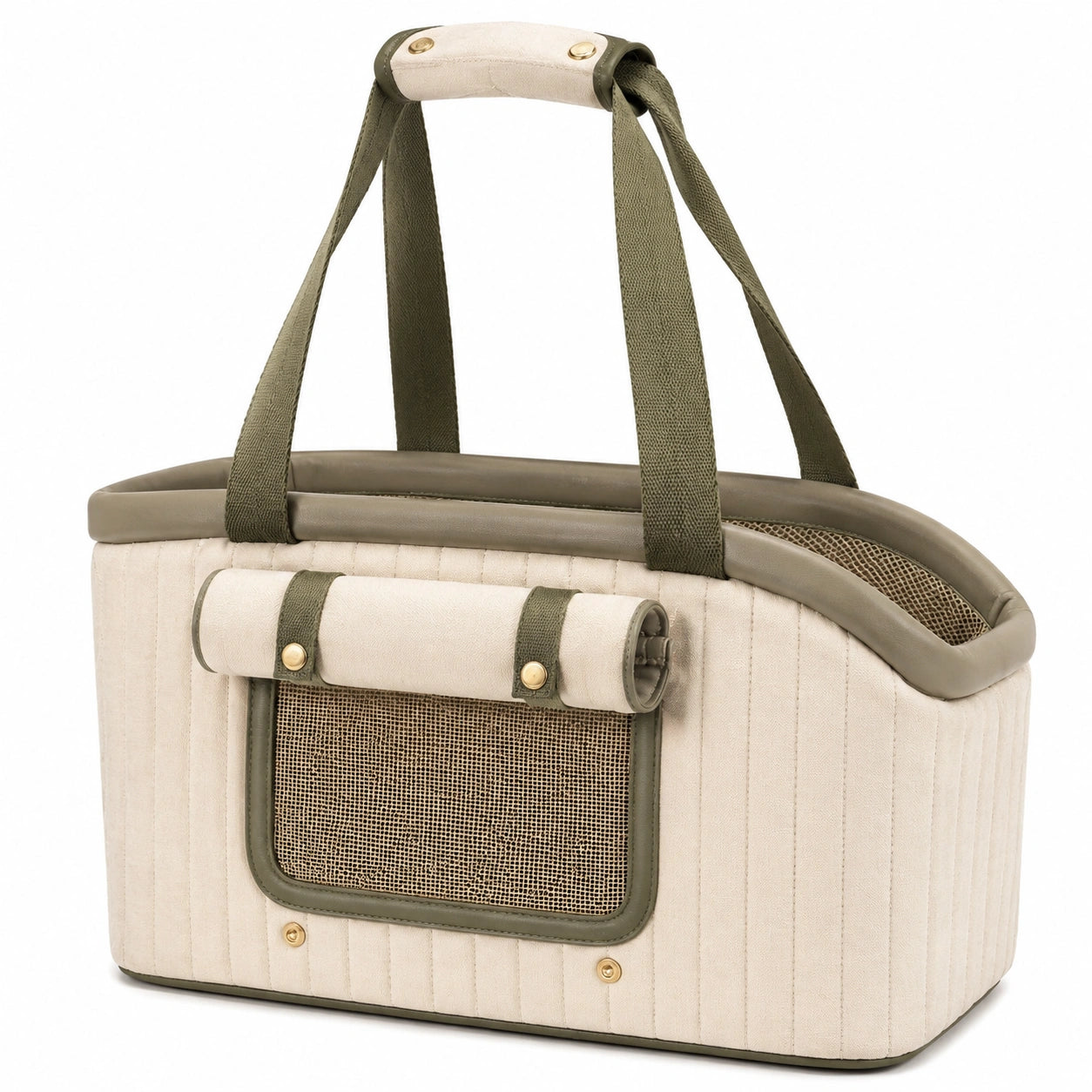 Haustiertragetasche 45 x 28 x 30 cm aus Textil Beige Olivgrün mit Netzfenster
