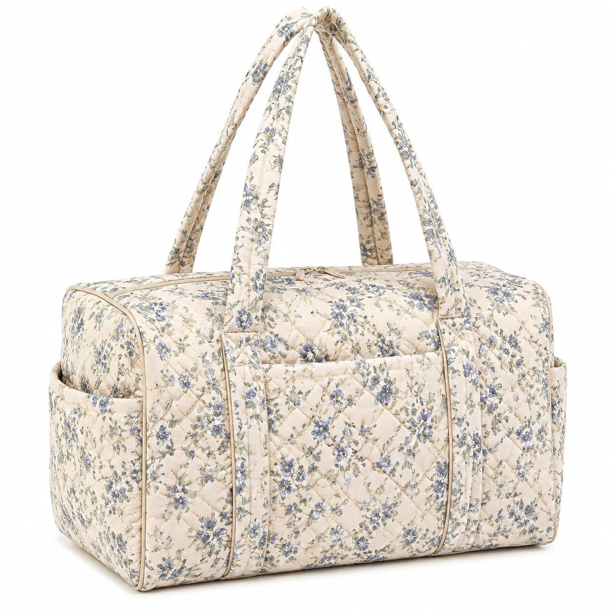 Stepp-Reisetasche 45 x 25 x 30 cm aus Textil in Creme Blau mit Blumenmuster