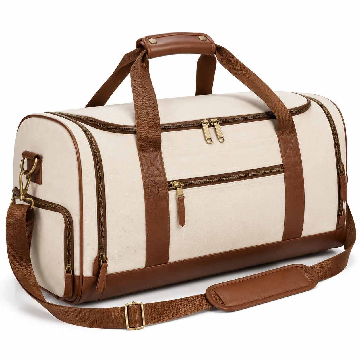 50 cm Reisetasche aus Textil in Beige Braun mit Schultergurt und Mehrfachfächern