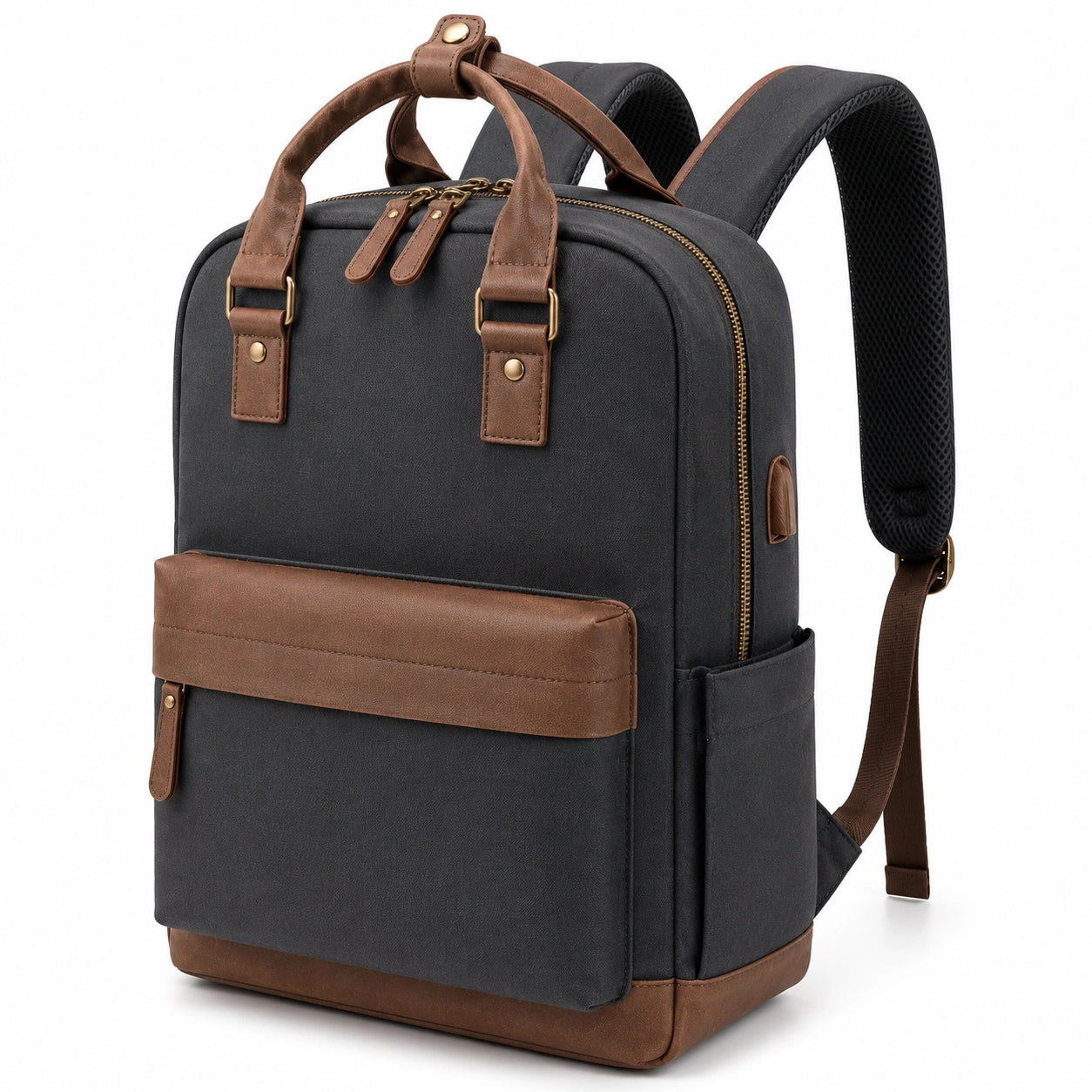 Rucksack 30 x 14 x 40 cm Textil Schwarz Braun mit Kunstlederbesatz für Alltag und Arbeit