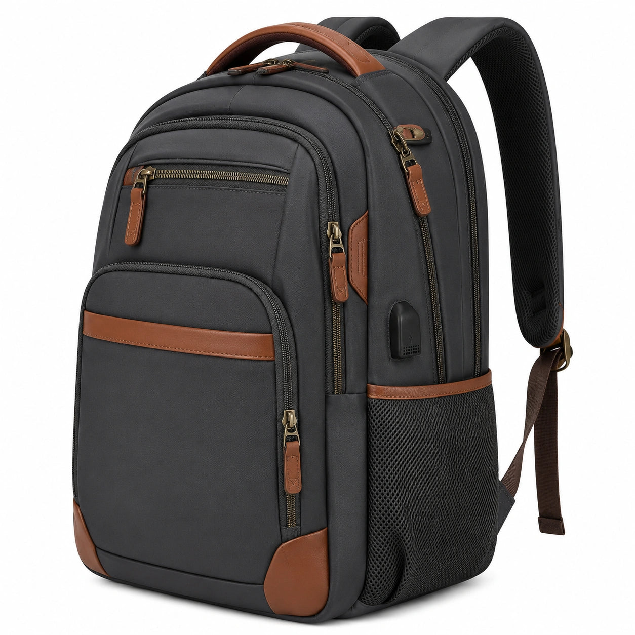 Laptop-Rucksack 45 x 30 x 18 cm aus Textilgewebe Schwarz Braun für Arbeit und Alltag mit Mehrfachfächern