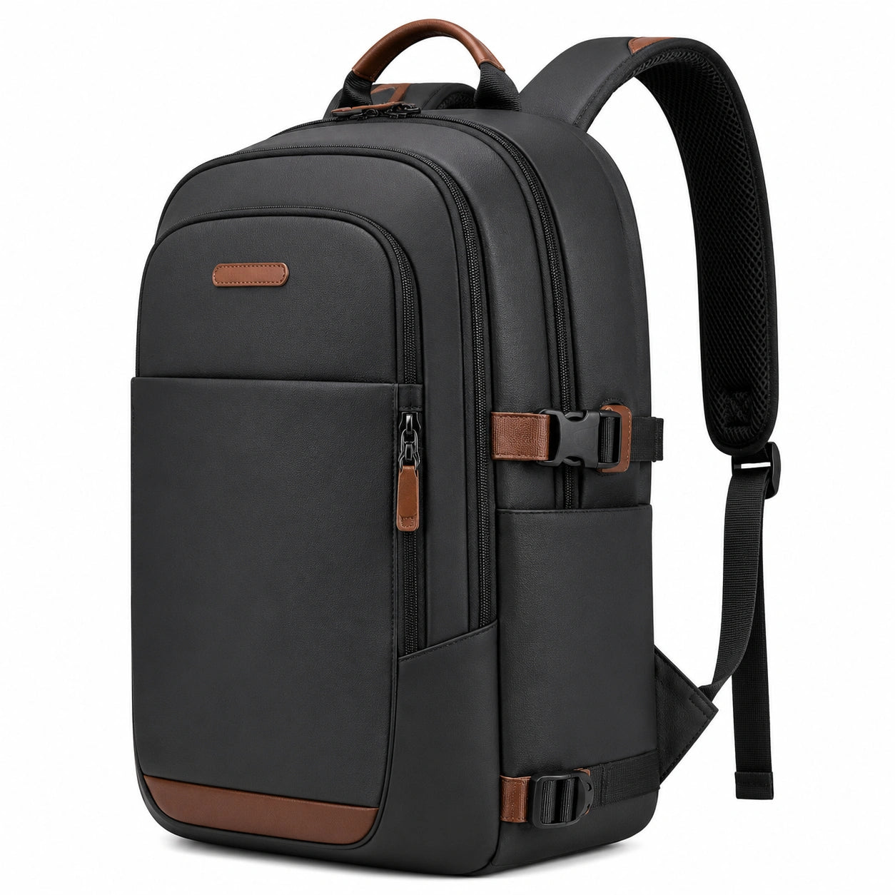 Rucksack mittelgroß aus Kunstleder Schwarz Braun mit Mehrfachfächern für Alltag und Büro