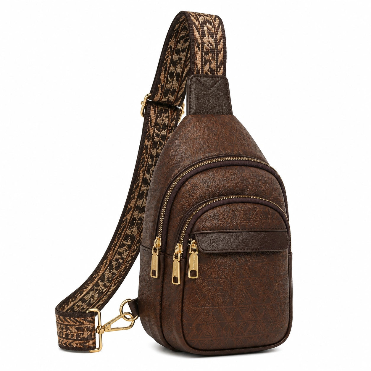 Brusttasche 17 x 8 x 30 cm aus braunem Kunstleder mit Muster und verstellbarem Schultergurt