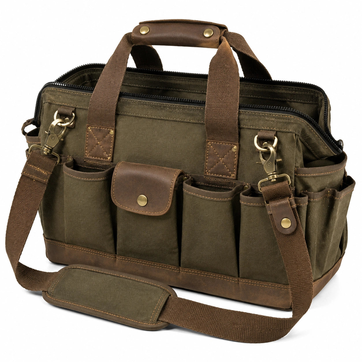 Werkzeugtasche 40 x 18 x 30 cm aus Canvas Olivbraun mit Schultergurt und Außenfächern