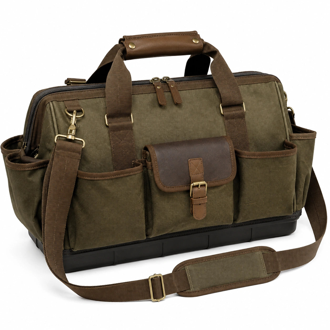 Werkzeugtasche 45 x 25 x 30 cm aus Canvas Olivgrün mit Schultergurt und Außentaschen
